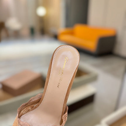 GIANVITO ROSSI 26S HEELED SANDALS 105 MM IN CARAMEL BROWN SUEDE AND LACE