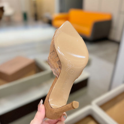 GIANVITO ROSSI 26S HEELED SANDALS 105 MM IN CARAMEL BROWN SUEDE AND LACE