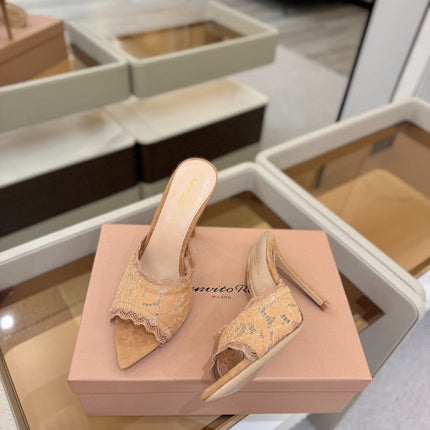 GIANVITO ROSSI 26S HEELED SANDALS 105 MM IN CARAMEL BROWN SUEDE AND LACE