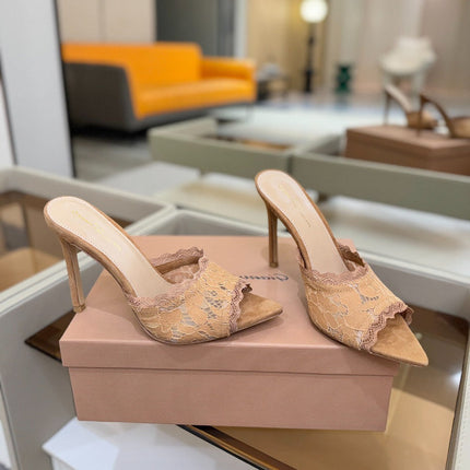 GIANVITO ROSSI 26S HEELED SANDALS 105 MM IN CARAMEL BROWN SUEDE AND LACE