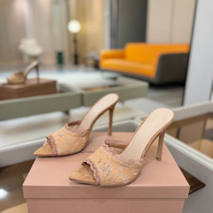 GIANVITO ROSSI 26S HEELED SANDALS 105 MM IN CARAMEL BROWN SUEDE AND LACE