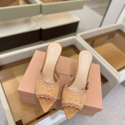 GIANVITO ROSSI 26S HEELED SANDALS 105 MM IN CARAMEL BROWN SUEDE AND LACE