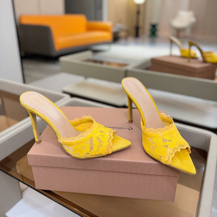 GIANVITO ROSSI 26S HEELED SANDALS 105 MM IN DARK YELLOW SUEDE AND LACE