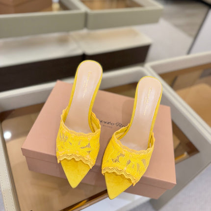 GIANVITO ROSSI 26S HEELED SANDALS 105 MM IN DARK YELLOW SUEDE AND LACE
