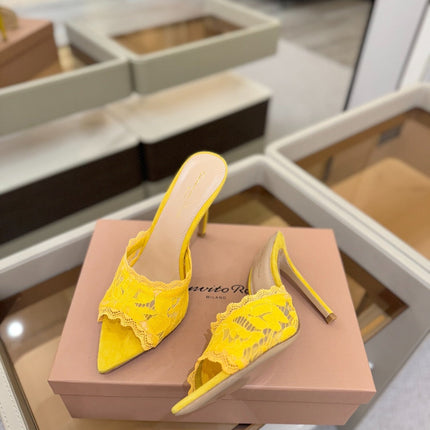 GIANVITO ROSSI 26S HEELED SANDALS 105 MM IN DARK YELLOW SUEDE AND LACE