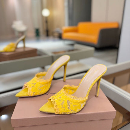 GIANVITO ROSSI 26S HEELED SANDALS 105 MM IN DARK YELLOW SUEDE AND LACE