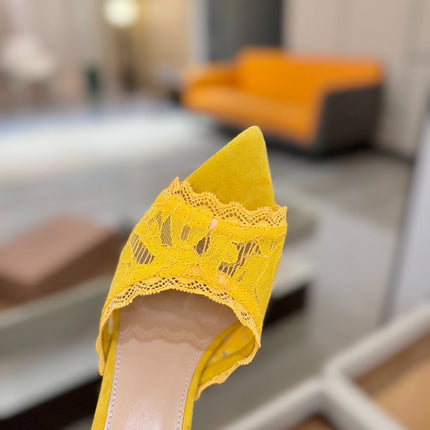 GIANVITO ROSSI 26S HEELED SANDALS 105 MM IN DARK YELLOW SUEDE AND LACE