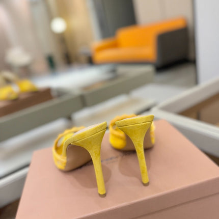 GIANVITO ROSSI 26S HEELED SANDALS 105 MM IN DARK YELLOW SUEDE AND LACE