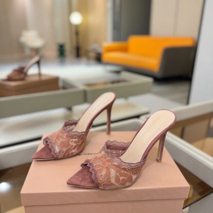 GIANVITO ROSSI 26S HEELED SANDALS 105 MM IN PINKISH BROWN SUEDE AND LACE