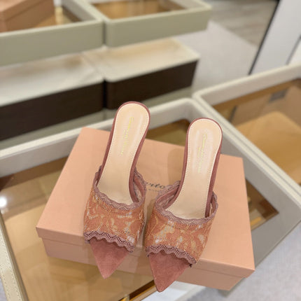 GIANVITO ROSSI 26S HEELED SANDALS 105 MM IN PINKISH BROWN SUEDE AND LACE