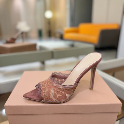 GIANVITO ROSSI 26S HEELED SANDALS 105 MM IN PINKISH BROWN SUEDE AND LACE