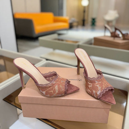 GIANVITO ROSSI 26S HEELED SANDALS 105 MM IN PINKISH BROWN SUEDE AND LACE