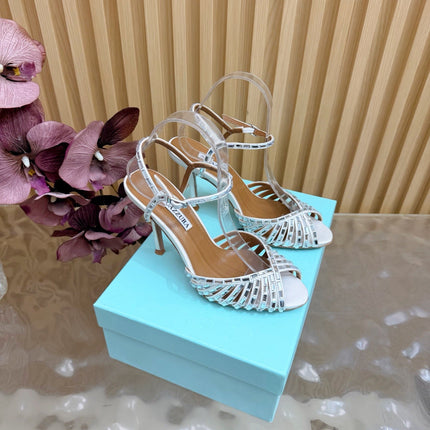 AQUAZZURA 26S CRYSTAL SANDALS 85 MM IN WHITE SATIN