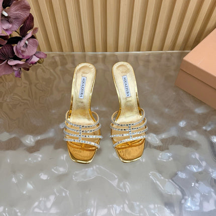 AQUAZZURA 26S CRYSTAL HIGH-HEEL SLIDES 85 MM IN GOLD CALFSKIN