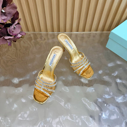 AQUAZZURA 26S CRYSTAL HIGH-HEEL SLIDES 85 MM IN GOLD CALFSKIN