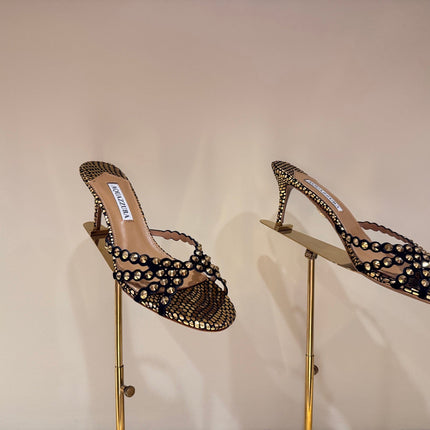 AQUAZZURA 26S HIGH-HEEL SANDALS 70 MM IN BLACK AND GOLD CALFSKIN