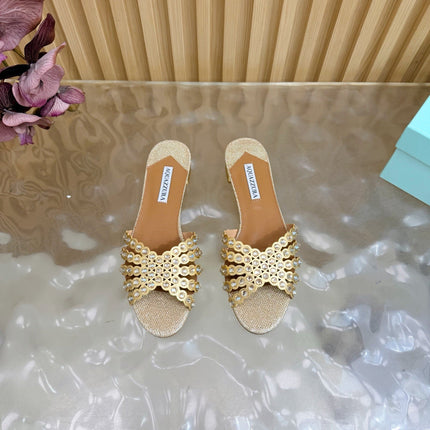 AQUAZZURA 26S SLIDES IN BEIGE LUREX FABRIC