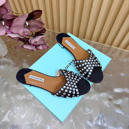 AQUAZZURA 26S SLIDES IN BLACK LUREX FABRIC