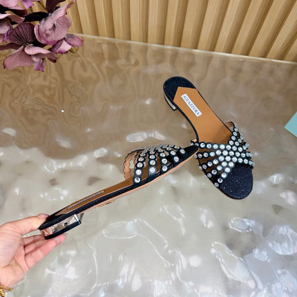AQUAZZURA 26S SLIDES IN BLACK LUREX FABRIC