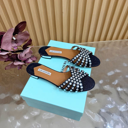 AQUAZZURA 26S SLIDES IN BLACK LUREX FABRIC