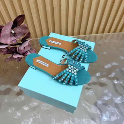 AQUAZZURA 26S SLIDES IN EMERALD GREEN SUEDE CRYSTAL-EMBELLISHED STRAPS