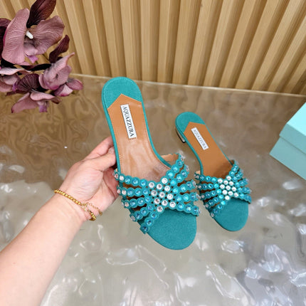 AQUAZZURA 26S SLIDES IN EMERALD GREEN SUEDE CRYSTAL-EMBELLISHED STRAPS