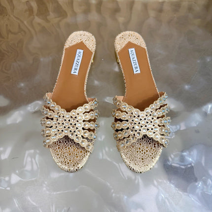 AQUAZZURA 26S SLIDES IN LIGHT GOLD EMBOSSED LEATHER 