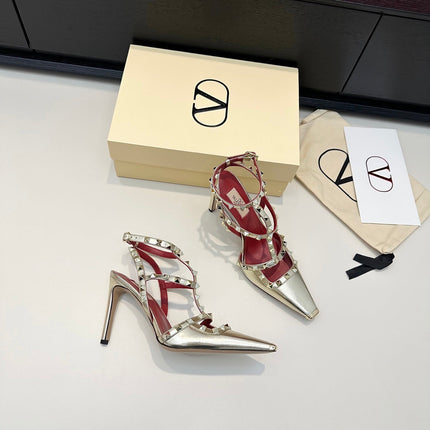 VALENTINO 26S ROCKSTUD SLINGBACK PUMPS 100 MM IN LIGHT METALLIC GOLD CALFSKIN