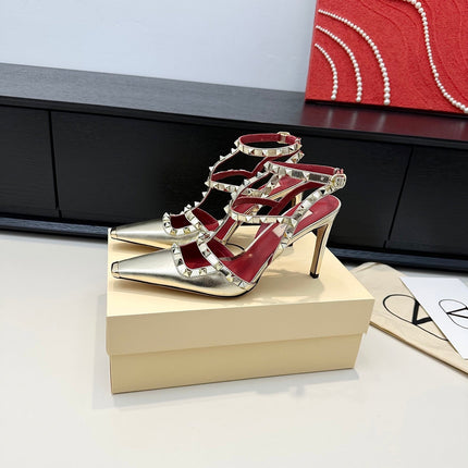 VALENTINO 26S ROCKSTUD SLINGBACK PUMPS 100 MM IN LIGHT METALLIC GOLD CALFSKIN