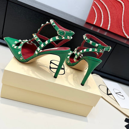 VALENTINO 26S ROCKSTUD SLINGBACK PUMPS 100 MM IN GREEN CALFSKIN