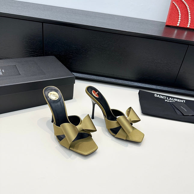 YSL 26S HEELED SANDALS 105 MM IN OLIVE GREEN SATIN