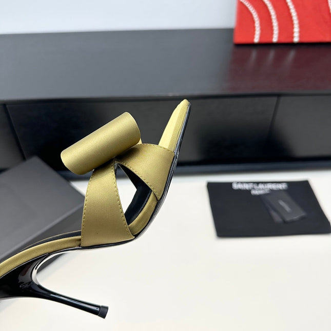 YSL 26S HEELED SANDALS 105 MM IN OLIVE GREEN SATIN