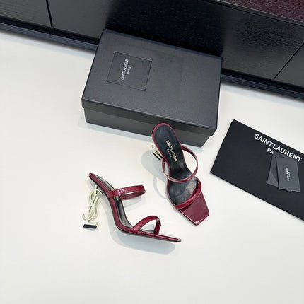 YSL 26S DOUBLE-STRAP HEELED SANDALS 100 MM IN DARK RED CALFSKIN
