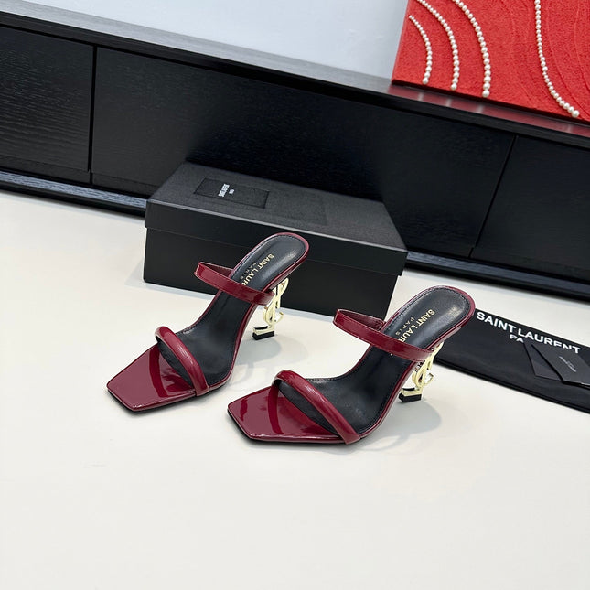 YSL 26S DOUBLE-STRAP HEELED SANDALS 100 MM IN DARK RED CALFSKIN