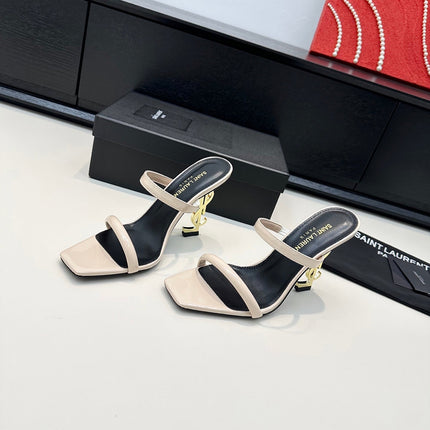 YSL 26S DOUBLE-STRAP HEELED SANDALS 100 MM IN CREAM BEIGE CALFSKIN