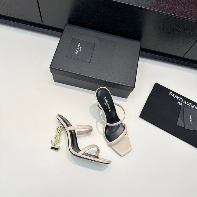 YSL 26S DOUBLE-STRAP HEELED SANDALS 100 MM IN CREAM BEIGE CALFSKIN