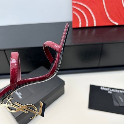 YSL 26S DOUBLE-STRAP HEELED SANDALS 100 MM IN DARK RED CALFSKIN