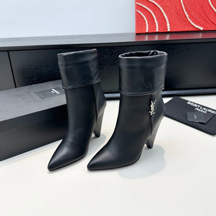 YSL 26S FOLD-OVER ANKLE BOOTS IN BLACK CALFSKIN