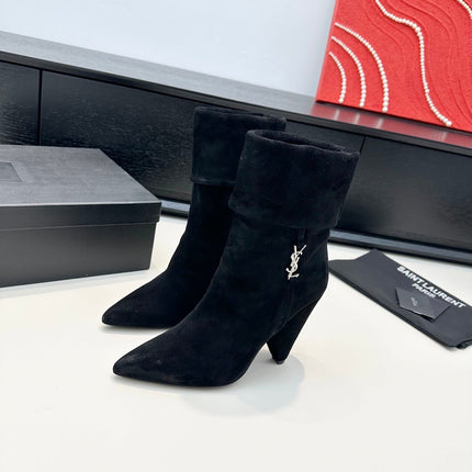 YSL 26S FOLD-OVER ANKLE BOOTS IN BLACK SUEDE
