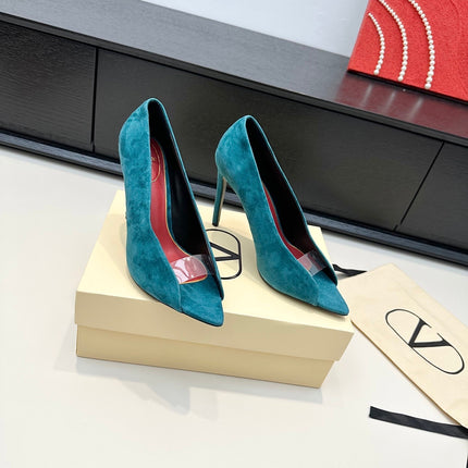 VALENTINO 26S PEEP-TOE HIGH HEELS 100 MM IN TEAL BLUE SUEDE