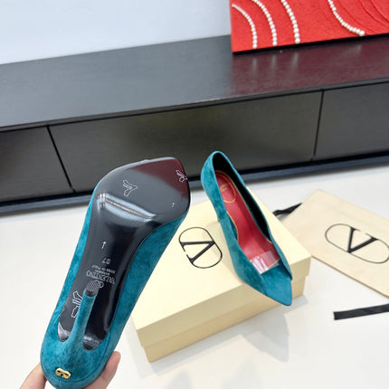 VALENTINO 26S PEEP-TOE HIGH HEELS 100 MM IN TEAL BLUE SUEDE