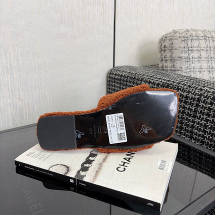 CHANEL 26S SLIDE SANDALS IN ORANGE BROWN AND BLACK SHEARLING SQUARE TOE