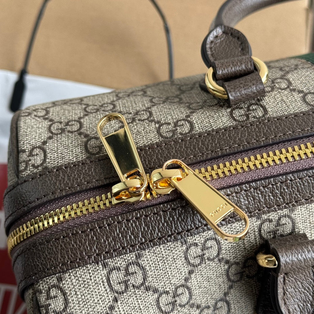 OPHIDIA LARGE BOSTON BAG 31 IN BEIGE EBONY GG BROWN CALFSKIN TRIM