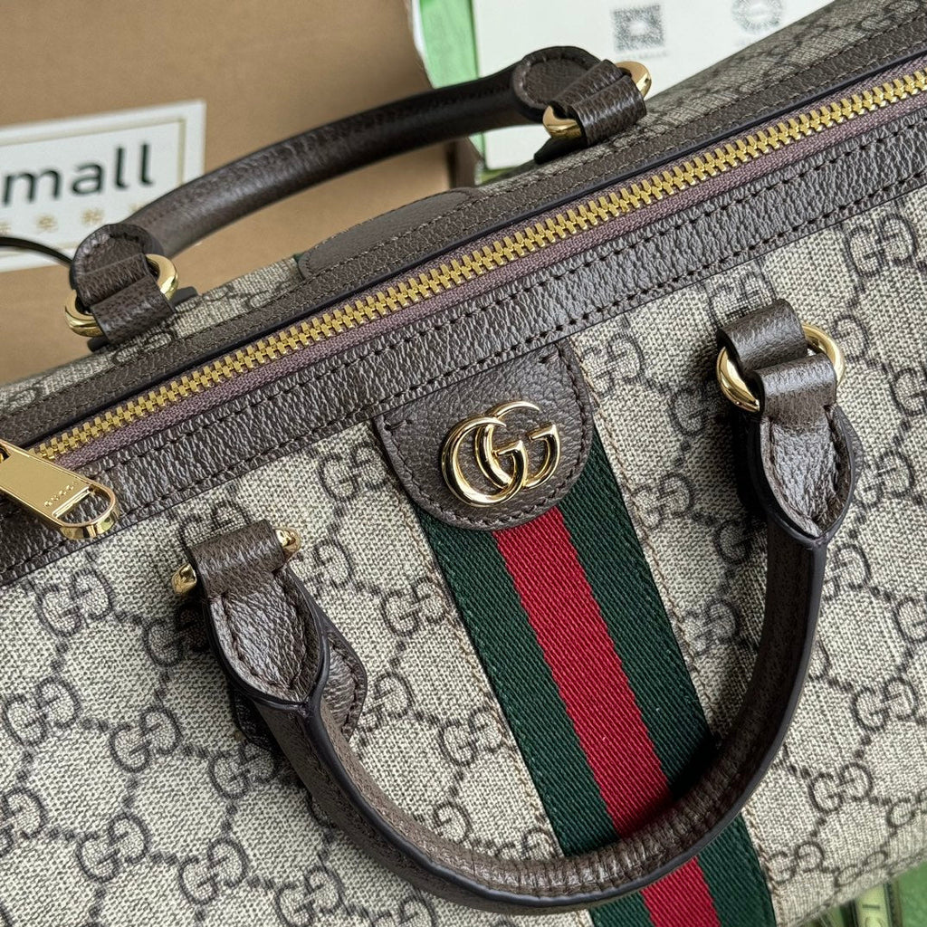 OPHIDIA LARGE BOSTON BAG 31 IN BEIGE EBONY GG BROWN CALFSKIN TRIM