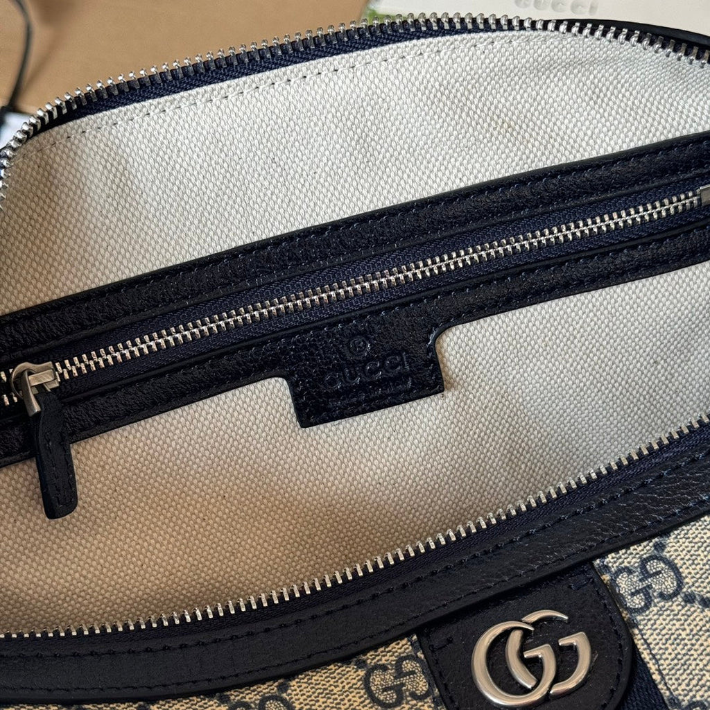 OPHIDIA LARGE BOSTON BAG 31 IN BEIGE AND BLUE GG CALFSKIN