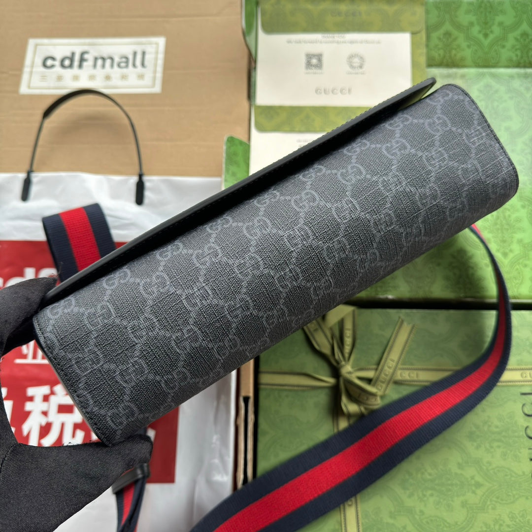 OPHIDIA MEDIUM MESSENGER FLAP BAG 27 IN DARK GREY AND BLACK CALFSKIN