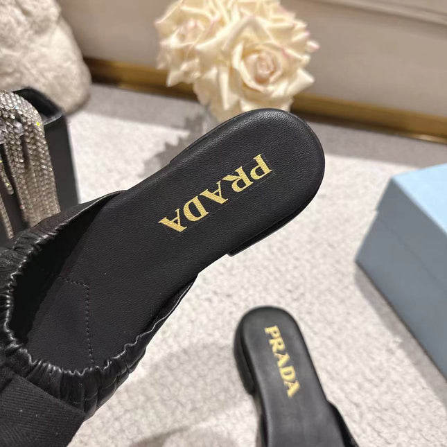 PRADA 26S RUCHED BOW SLIDE SANDALS IN BLACK CALFSKIN
