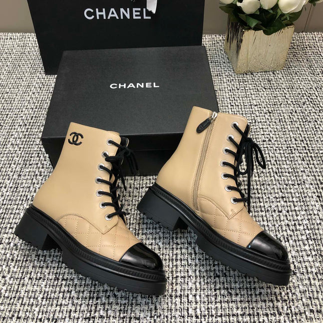 SHORT BOOTS  BEIGE CREAM MIX BLACK SUEDE LAMBSKIN