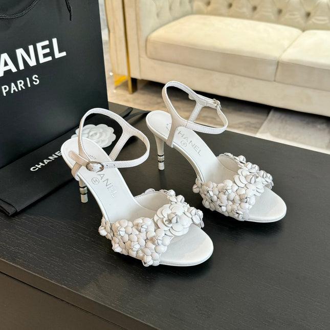 CC Little Camellia World Thin High Sandals White Lambskin
