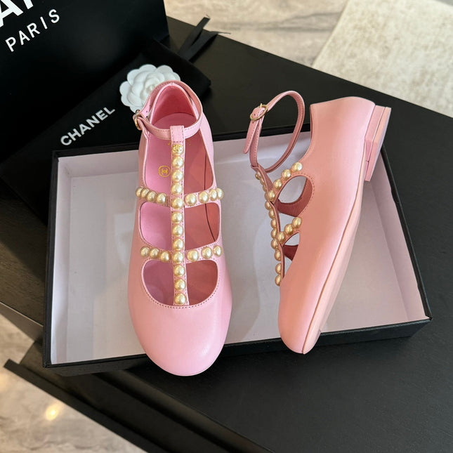 MARY JANES SHOES LIGHT PINK GOATSKIN WITH FAUX PEARL